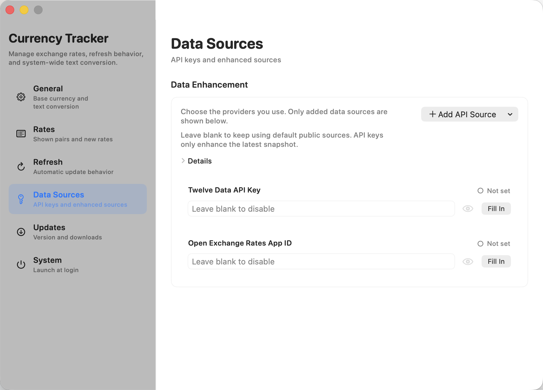 Currency Tracker data source settings with optional API key fields.