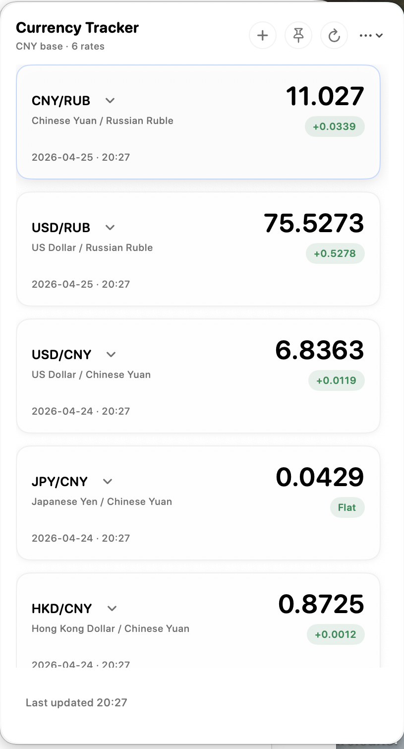 Currency Tracker menu bar panel with exchange-rate cards and quick actions.