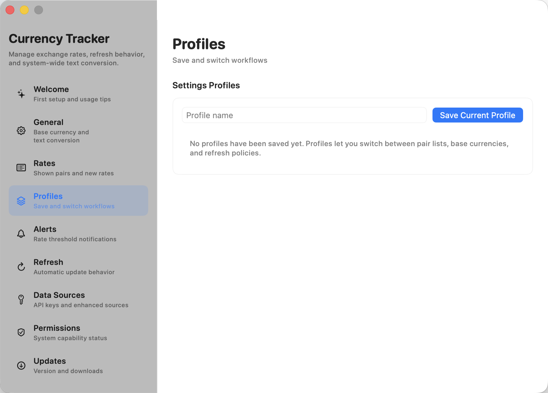 Settings window showing profiles.