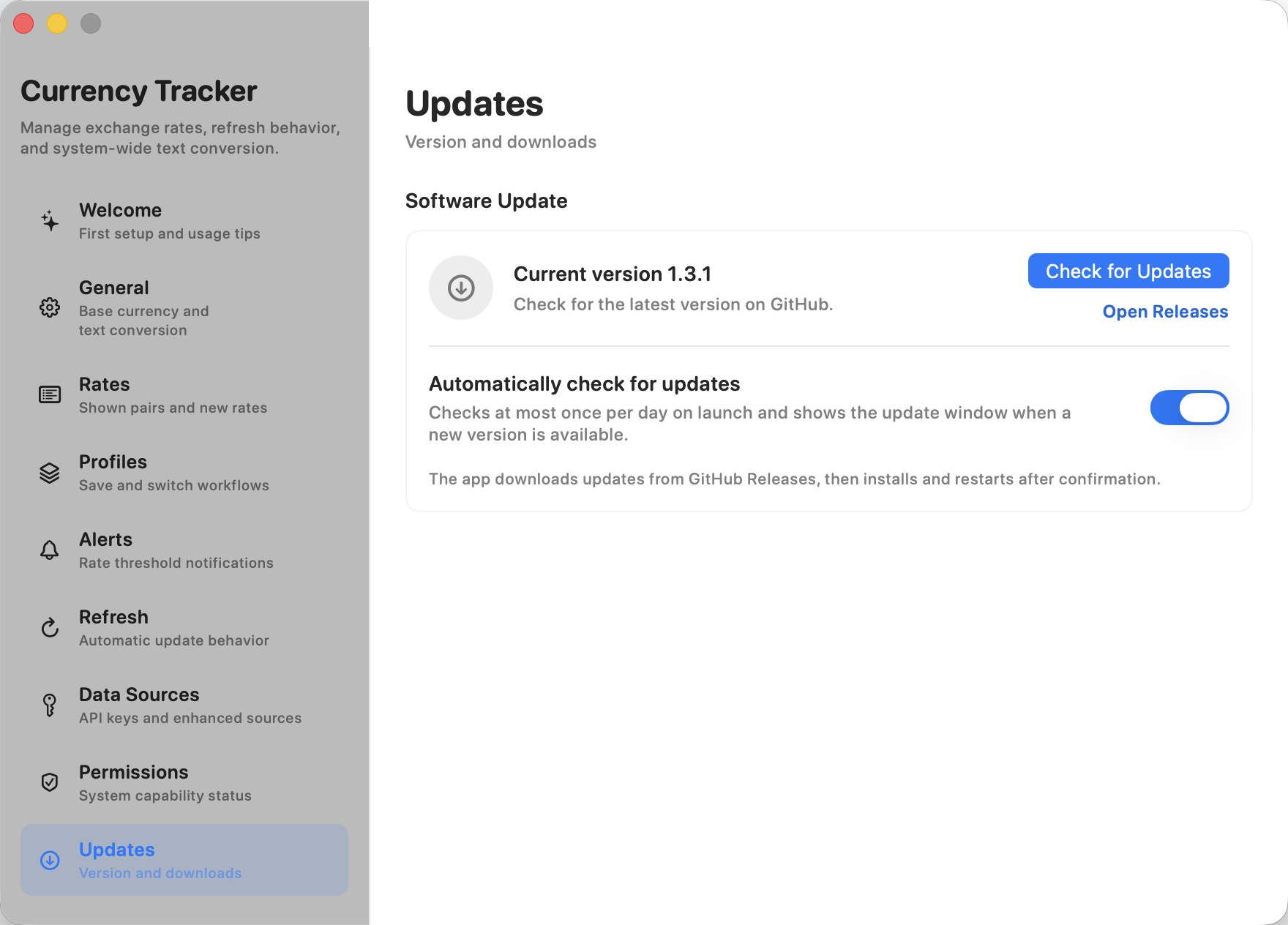 Settings window showing software update controls.
